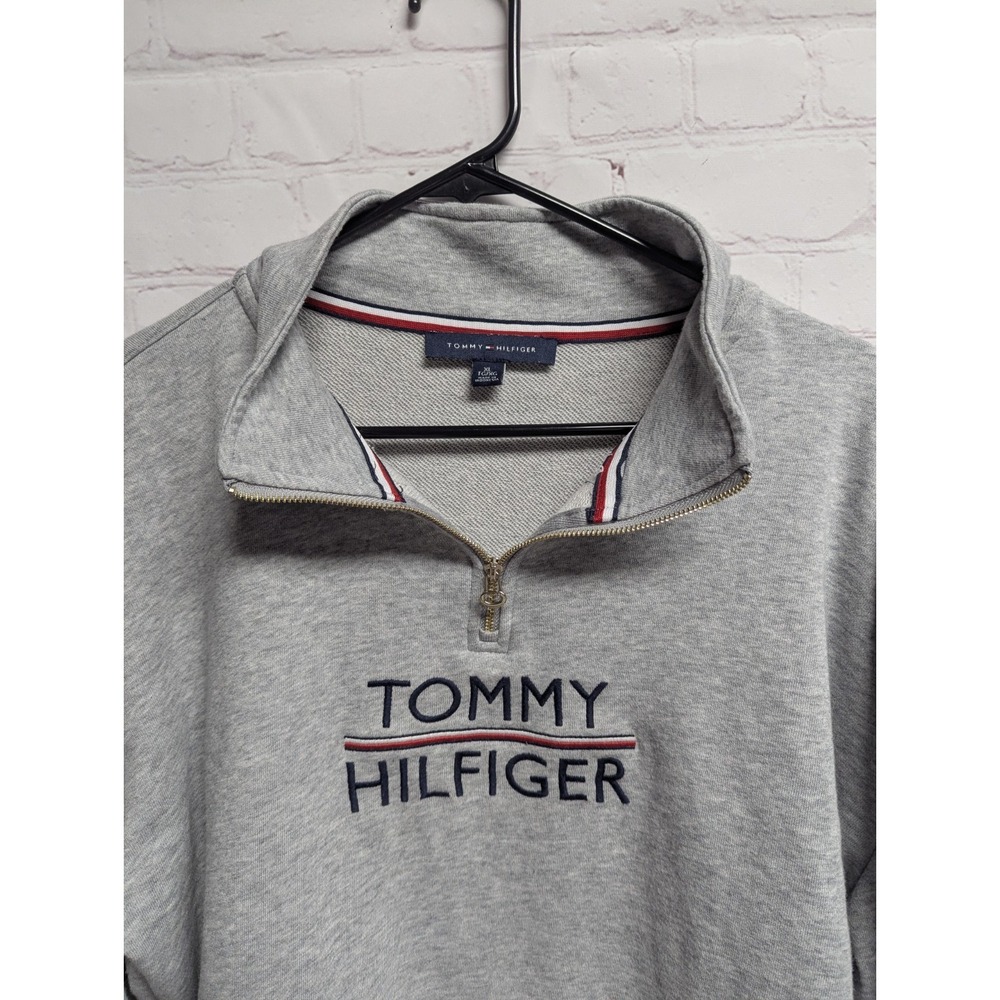 Tommy Hilfiger Crop Quarter Zip Sweatshirt Gray Logo Pullover Women's XL NWOT - Picture 2 of 8